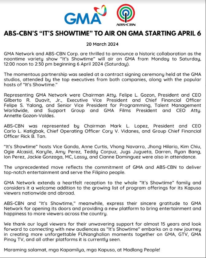 Ang 'It's Showtime ' Ng ABS-CBN Ay Mapapanood Sa GMA Simula Abril 6 ...