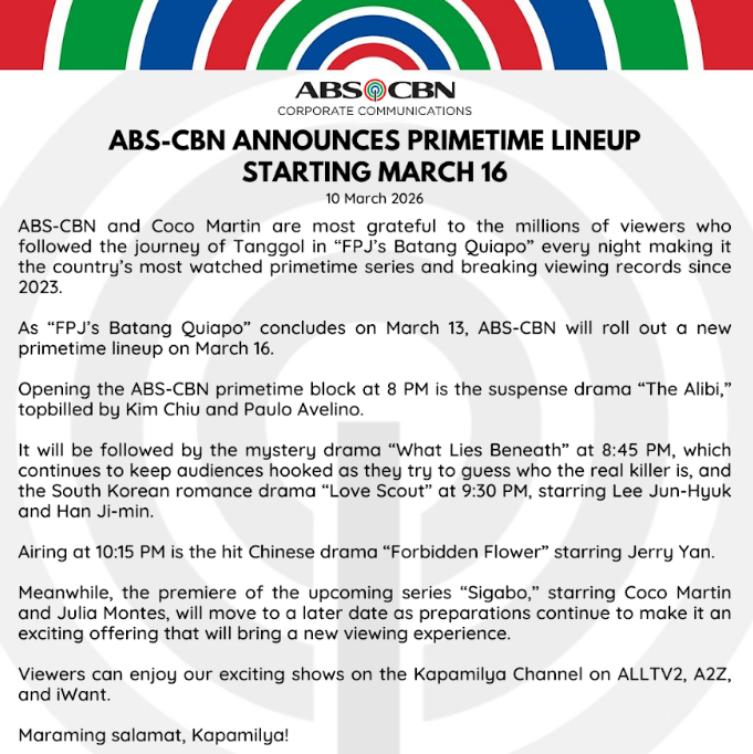 ABS-CBN Announces Primetime Lineup Starting March 16